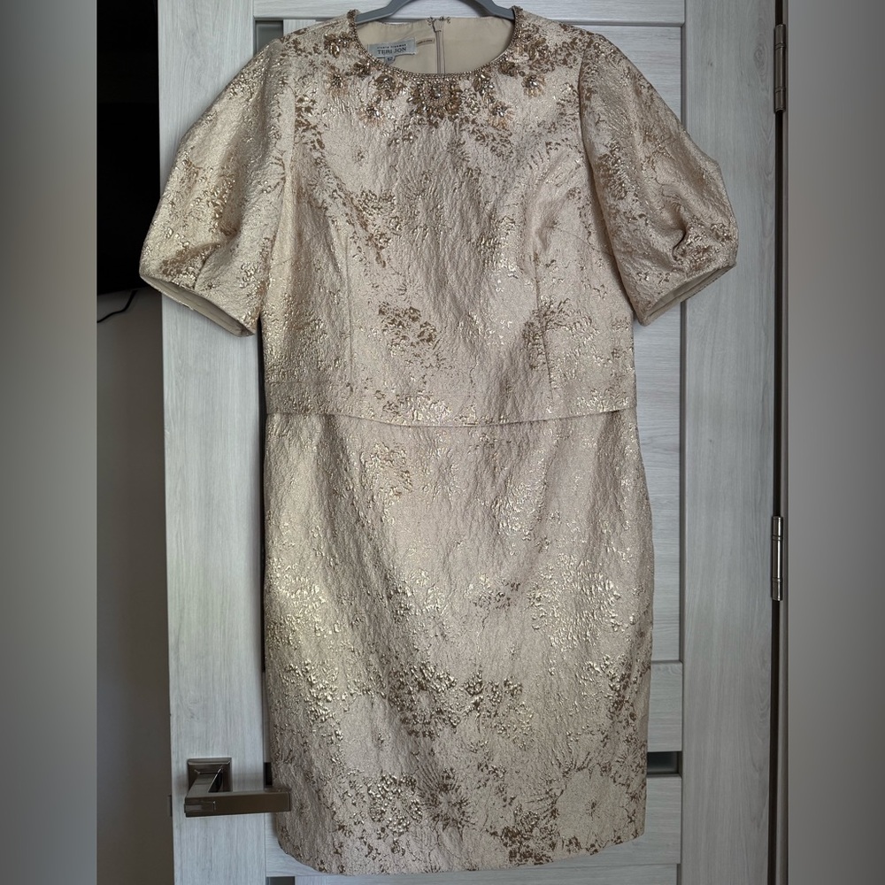 Teri Jon Gold Textured Long Sleeve Dress